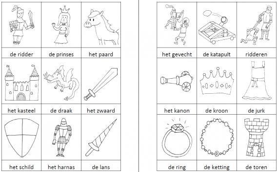 Woordkaartjes ridders en prinsessen zwart-wit